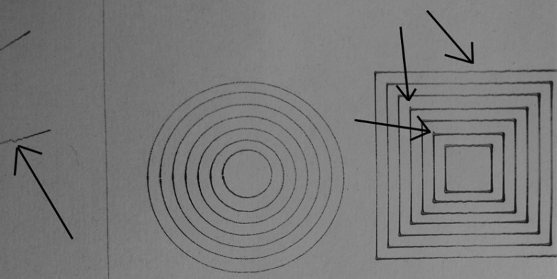 circle and square test<br />square with wavy contour<br />angled line with jagged results<br />1 pass at 10%power A4 printer grade paper