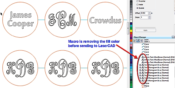 This is what the fonts look like in CorelDraw after the macro runs and sends them to LaserCAD.