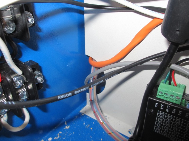 Wires leaving electronics bay, heading to stepper motors and prox switch