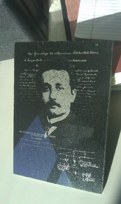 This is a combination of three images retreived from google images.  Material is black granite from Home Depot.  Subject is Albert Einstein and his theory of relativity.